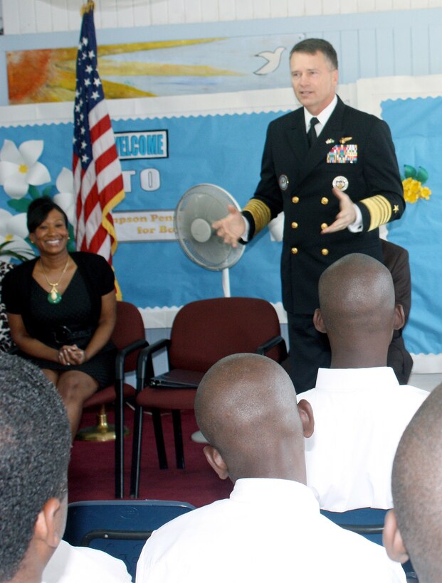 Adm. James Winnefeld, NORAD and USNORTHCOM commander, speaks to students at the Simpson Penn Centre for Boys during a visit to the Bahamas Feb. 9. At the conclusion of the event USNORTHCOM donated $3000 worth of sporting goods to the center to encourage the young men to pursue positive recreational activities and a healthy lifestyle. Winnefeld’s visit to Simpson Penn was part of a two-day visit by a USNORTHCOM delegation to discuss ongoing bilateral efforts to improve security in the region. 
