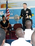 Adm. James Winnefeld, NORAD and USNORTHCOM commander, speaks to students at the Simpson Penn Centre for Boys during a visit to the Bahamas Feb. 9. At the conclusion of the event USNORTHCOM donated $3000 worth of sporting goods to the center to encourage the young men to pursue positive recreational activities and a healthy lifestyle. Winnefeld’s visit to Simpson Penn was part of a two-day visit by a USNORTHCOM delegation to discuss ongoing bilateral efforts to improve security in the region. 
