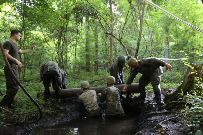 Marines with Food Service Company, Combat Logistics Regiment 27, 2nd Marine Logistics Group work together to move a log through the endurance course aboard Camp Lejeune, N.C., July 10, 2013. Each log was carried on a stretcher through various parts of the event. (U.S. Marine Corps photo by Lance Cpl. Shawn Valosin)