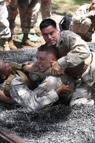 Marines with 8th Engineer Support Battalion, 2nd Marine Logistics Group and 10th Marine Regiment, 2nd Marine Division practice ground fighting during a Marine Corps Martial Arts Program instructor course aboard Camp Lejeune, N.C., May 22, 2013. MCMAP was introduced in 2002 as a replacement for all other close quarters combat systems within the Marine Corps. 