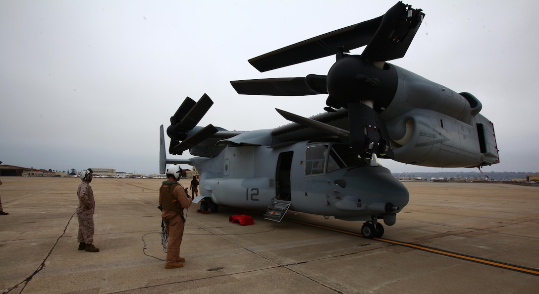 Marines with Marine Medium Tiltrotor Squadron 363 Red Lions, 3rd Marine Aircraft Wing, inspect an MV-22B Osprey before beginning preparations to ship it overseas aboard Naval Air Station North Island, Calif., July 9. VMM-363 trained pilots, crews and maintainers to help build up VMM-262.