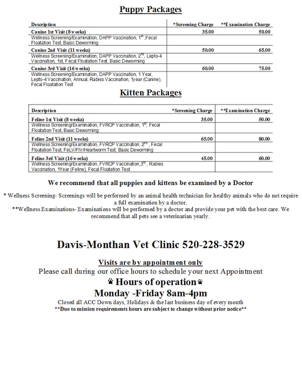This handout lists the prices at the Veterinary Clinic at Davis-Monthan Air Force Base, Ariz.(Handout courtesy of Davis-Monthan Veterinary Clinic)