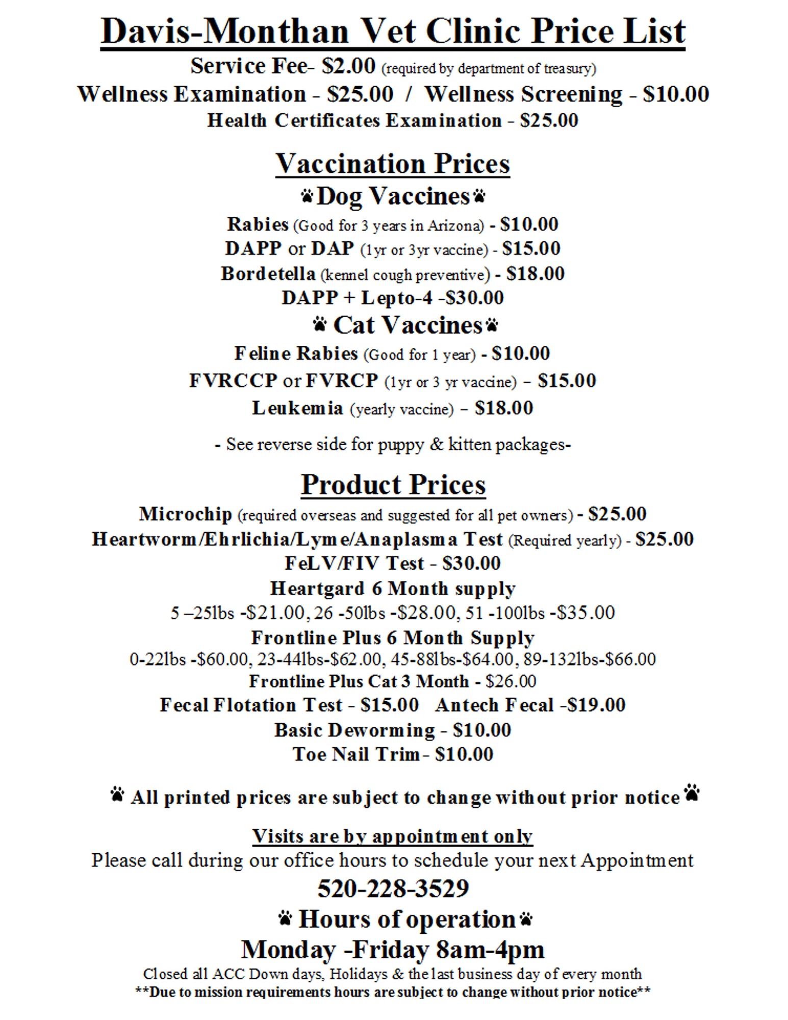 This handout lists the prices at the Veterinary Clinic at Davis-Monthan Air Force Base, Ariz.(Handout courtesy of Davis-Monthan Veterinary Clinic)