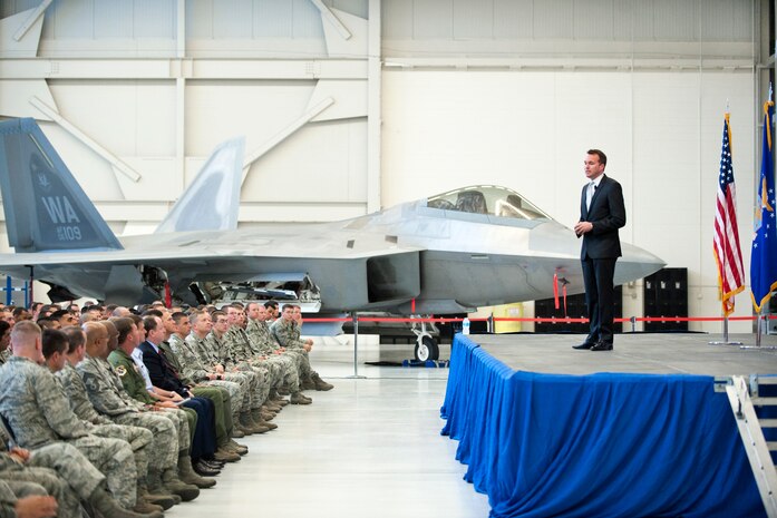 Acting Secretary of the Air Force Eric Fanning addresses Nellis Air Force Base Airmen at an All Call July 8, 2013. Fanning spoke to more than 600 Airmen on a wide variety of topics to include the budget and future programs. (U.S. Air Force Photo by Lawrence Crespo)