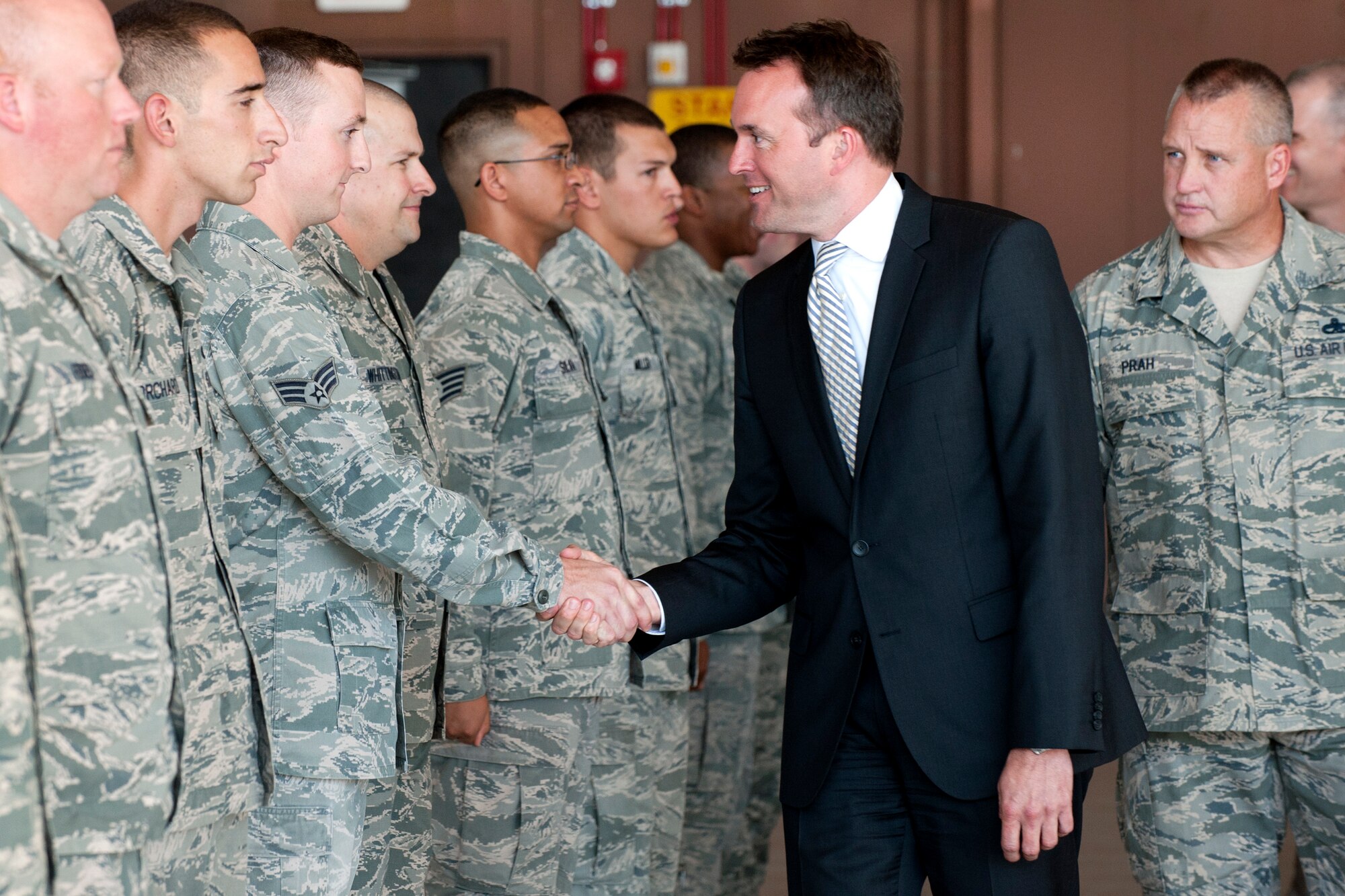 Acting Secretary of the Air Force Eric Fanning meets and greets F-35 Airmen July 8, 2013, at Nellis Air Force Base, Nev. Fanning was given a briefing on the Lighting aircraft maintenance unit's F-35 training mission at Nellis. (U.S. Air Force Photo by Lawrence Crespo)
