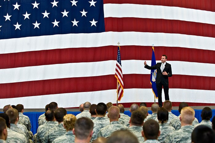 Acting Secretary of the Air Force Eric Fanning speaks to Airmen about Air Force concerns during the Acting SecAF All Call at Flanker Aircraft Maintenance Unit's hangar July 8, 2013, at Nellis Air Force Base, Nev. Fanning came to visit with Nellis and Creech Airmen and answer questions they may have. (U.S. Air Force photo by Senior Airman Matthew Lancaster)