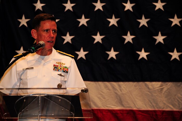 Rear Adm. Richard Breckenridge, Undersea Warfare Division director, addresses the audience during the “Salute to the Military” ceremony June 27, 2013, at the North Charleston Performing Arts Center, North Charleston, S.C. The Charleston Metro Chamber of Commerce presented awards to military members who volunteered a significant amount of their time in the community. The awards included the Enlisted Active-Duty Service Person of the Year, Enlisted Reservist of the Year, and the Civilian Employee of the Year.  (U.S. Air Force photo/Staff Sgt. Rasheen Douglas)