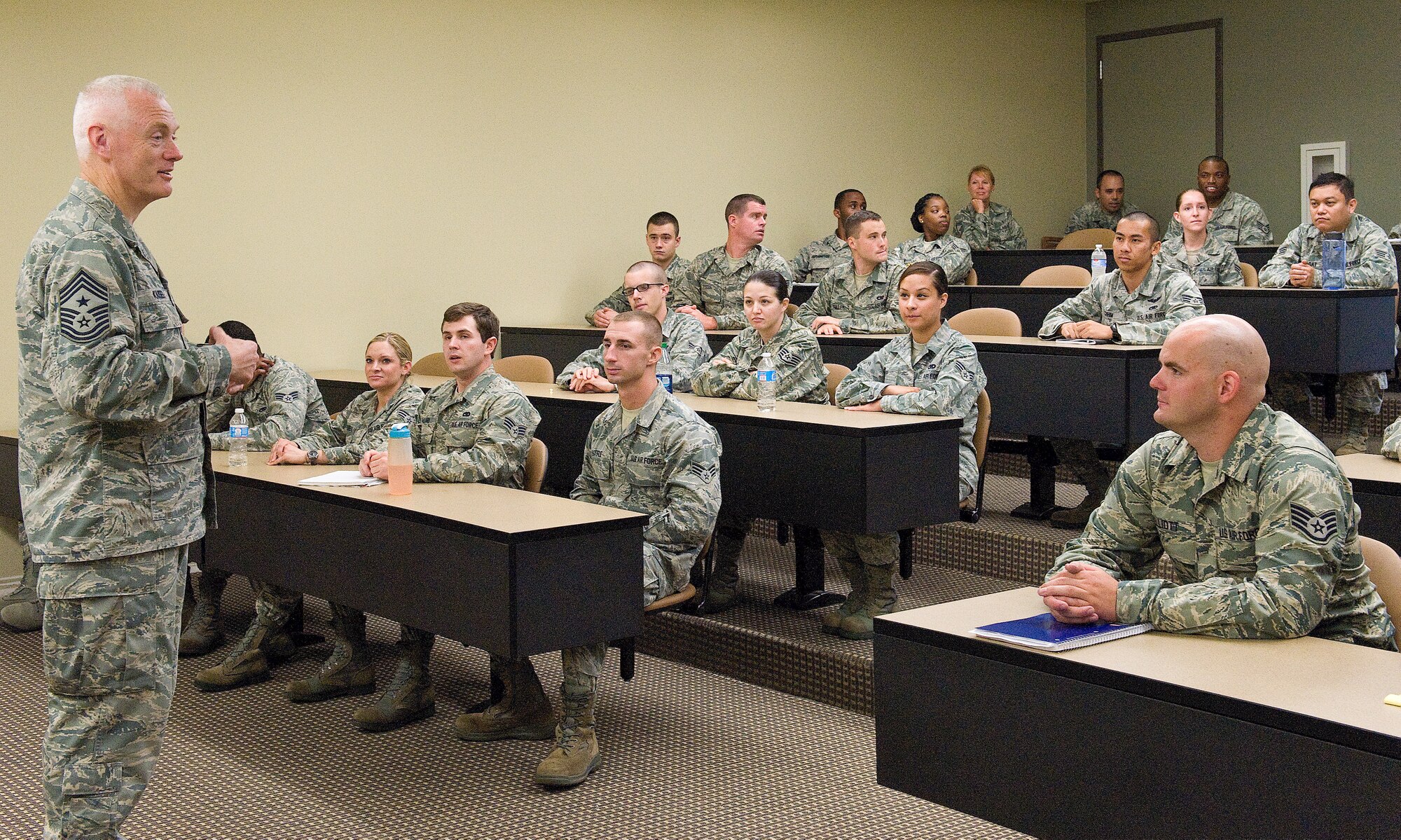 Chief Master Sgt. Richard A. Kaiser, Air Mobility Command command chief, speaks with Airman Leadership Class 13F July 9, 2013, at the ALS Auditorium on Dover Air Force Base, Del. Kaiser spoke to the students about leadership and why firstline supervisors have an important role in the Air Force. (U.S. Air Force photo/Roland Balik)