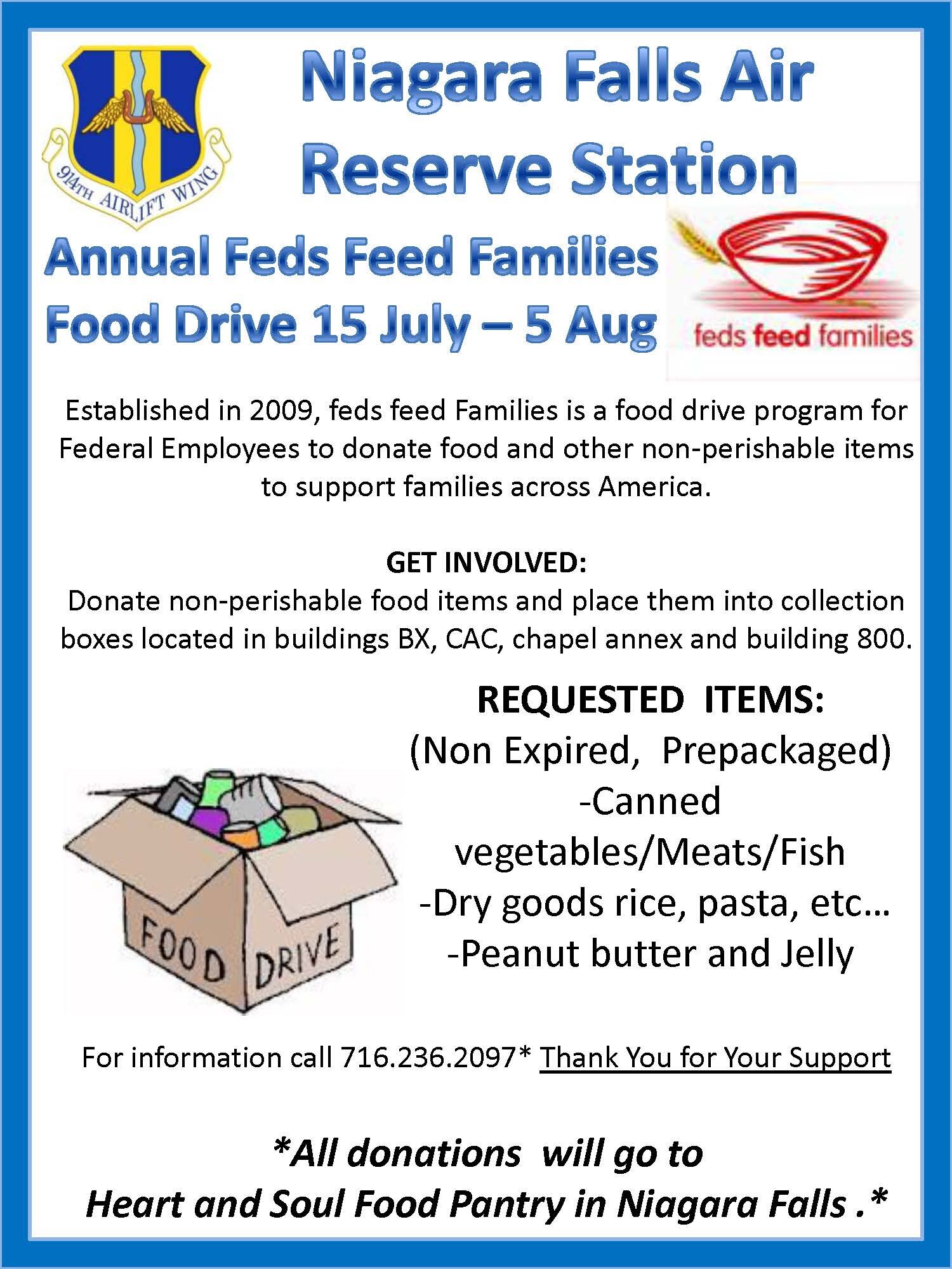 Niagara Falls Air Reserve Station, N.Y. annual Feds Feed Families Food Drive July 15 - August 5, 2013.  (Courtesy graphic)