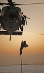 A pararescuemen from the Alaska Air National Guard's 212th Rescue Squadron conducts fast rope insertion training while deployed to Bagram Air Base, Afghanistan. Members of the Alaska Air National Guard deployed to Afghanistan in 2008 and were credited with saving 72 lives.