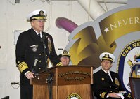 Navy Adm. James Winnefeld, North American Aerospace Defense Command and U.S. Northern Command commander, speaks at the USS New York change of command ceremony Feb. 11. Winnefeld, the event's guest speaker, served with the USS New York's outgoing commander, Navy Cmdr. Curt Jones, aboard the USS Cleveland in the late 1990s. "Bringing a new ship to life is like owning a brand new house," said Winnefeld. "It's exciting and painful all at the same time. And this being a new class makes it all the more interesting." 
