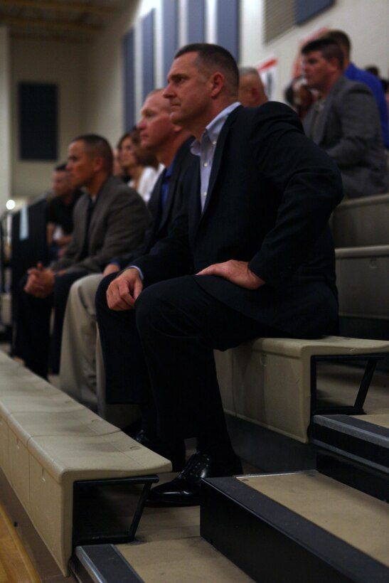 Unit commanders aboard Marine Corps Base Camp Lejeune watch the Hoops-N-Dreams recognition banquet at the Brewster Middle school gymnasium aboard base, May 17.