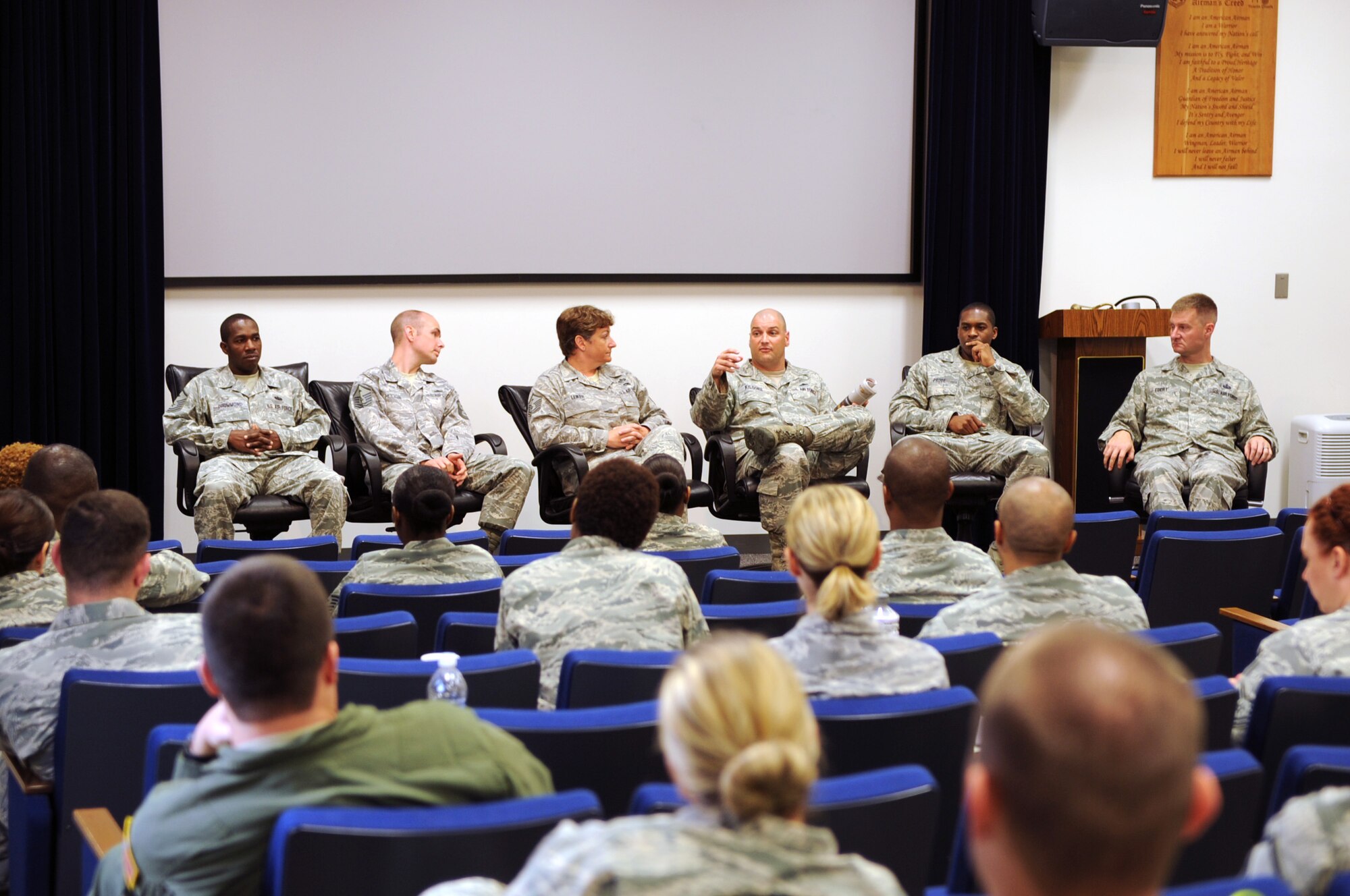 YOKOTA AIR BASE, Japan -- Center, Senior Master Sgt. Michael Kilgore, 374th Maintenance Squadron first sergeant, talks during a first sergeants panel during the Yokota First Sergeant Council’s Diamond Mentoring Seminar July 9, 2013, at the Professional Development Center. The three day seminar is held annually to provide information to those looking to become first sergeants. (U.S. Air Force photo by Senior Airman Desiree Economides)