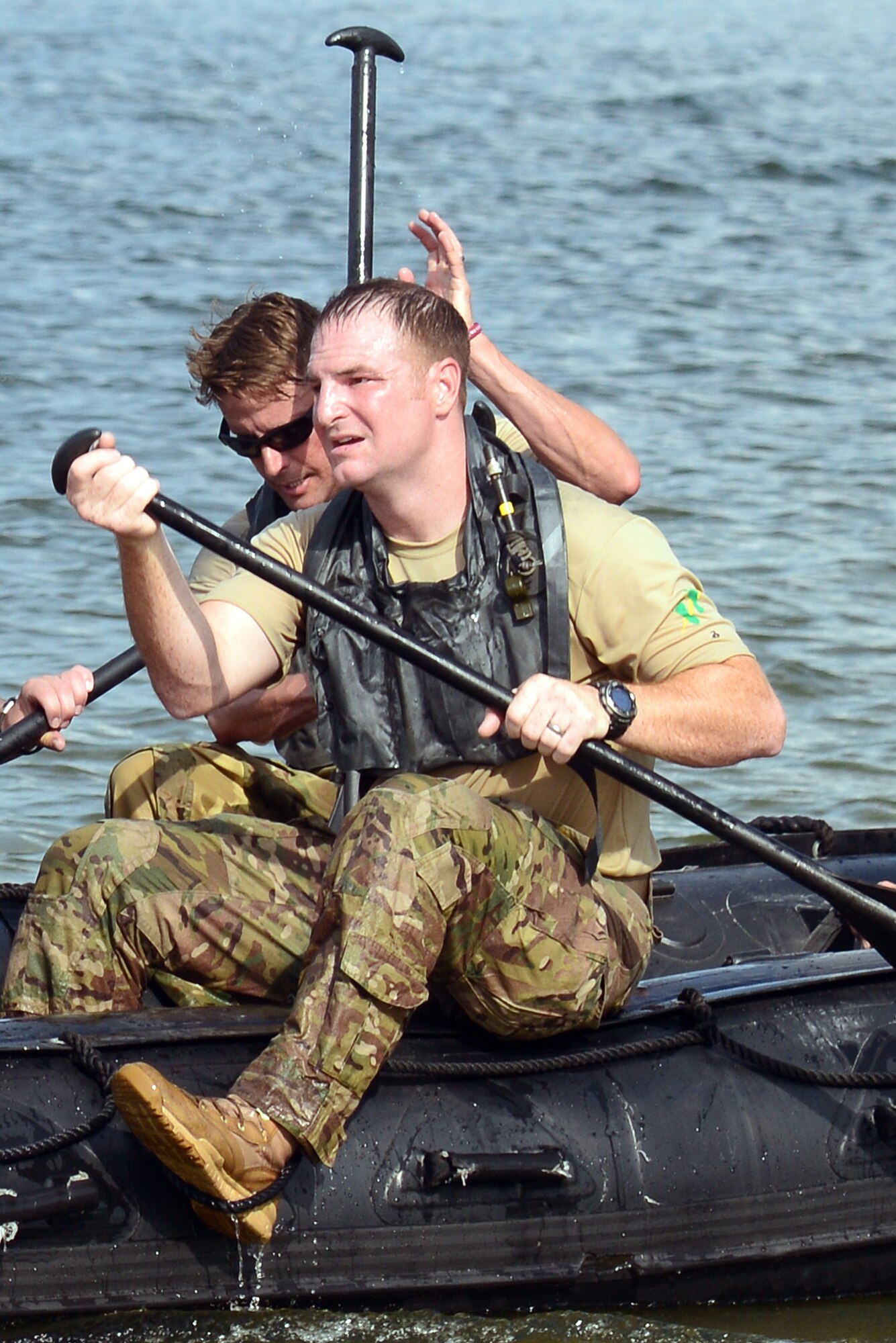 Air Commandos assigned to the 23rd Special Tactics Squadron row across the Santa Rosa Sound during a Monster Mash June 28, 2013 at Hurlburt Field, Fla. (U.S. Air Force photo by Staff Sgt. Melanie Holochwost)