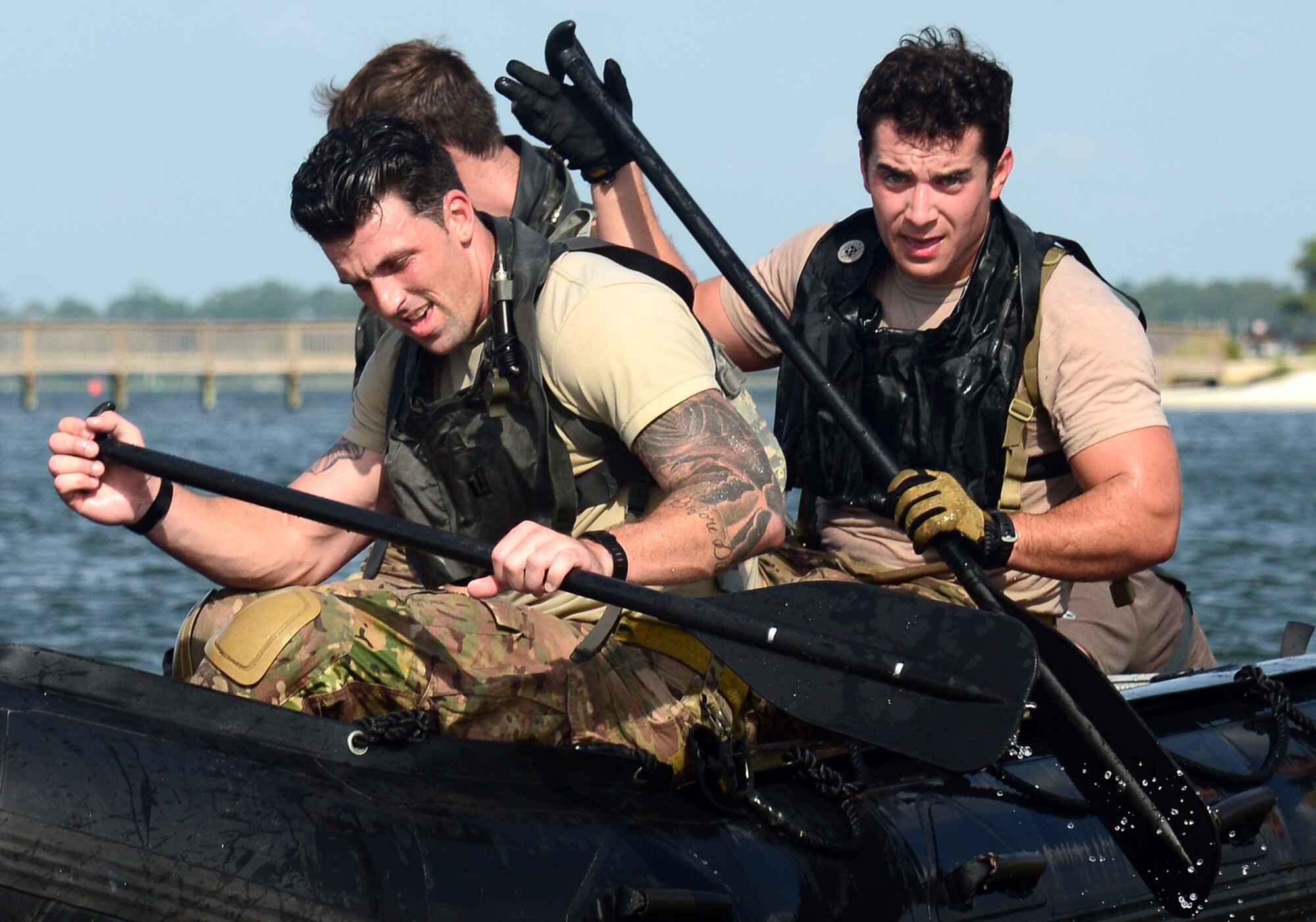 A team of Airmen assigned to the 23rd Special Tactics Squadron row across the Santa Rosa Sound during a Monster Mash June 28, 2013 at Hurlburt Field, Fla. Nearly 50 Airmen competed in the team-building competition. (U.S. Air Force photo by Staff Sgt. Melanie Holochwost)