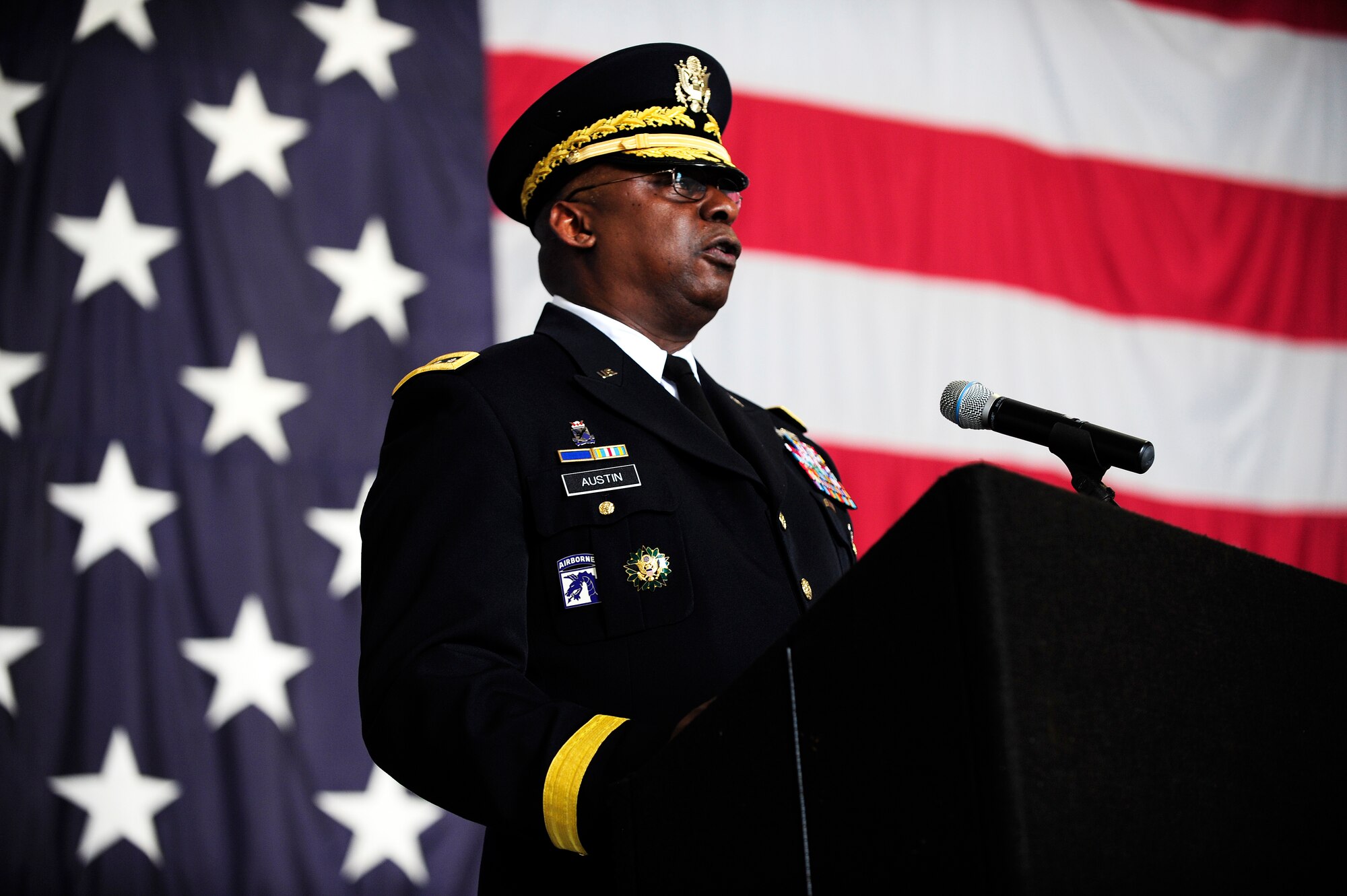 United States Army Gen. Lloyd J. Austin, commander U.S. Central Command, speaks during the AFCENT change of command ceremony at Shaw Air Force Base, S.C., July 11, 2013. During the ceremony Lt. Gen. John W. Hesterman took command of AFCENT from the Lt. Gen. David L. Goldfein. (U.S. Air Force photo by Airman 1st Class Daniel Blackwell/Released)