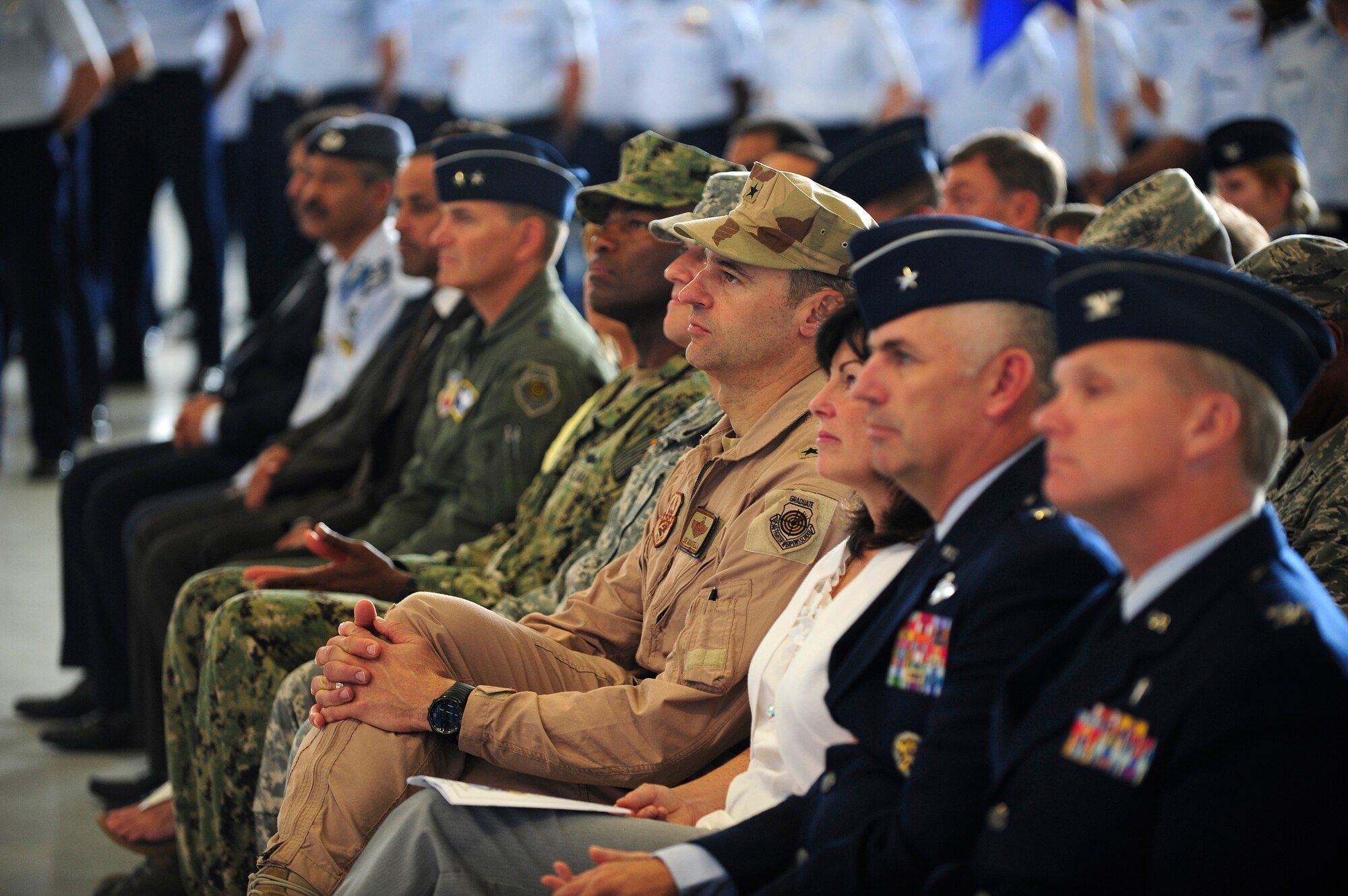 Leaders of joint and coalition forces traveled from across the world to support the Air Forces Central Command change of command ceremony at Shaw Air Force base, S.C., July 11, 2013. During the ceremony Lt. Gen. John W. Hesterman took command of AFCENT from the Lt. Gen. David L. Goldfein. (U.S. Air Force photo by Airman 1st Class Daniel Blackwell/Released)