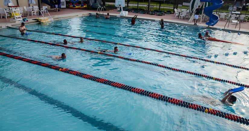 More than 20 Airmen from the 628th Comptroller Squadron participate in a physical training session July 10, 2013, at the Joint Base Charleston – Air Base pool.  (U.S. Air Force photo / Senior Airman Jared Trimarchi)