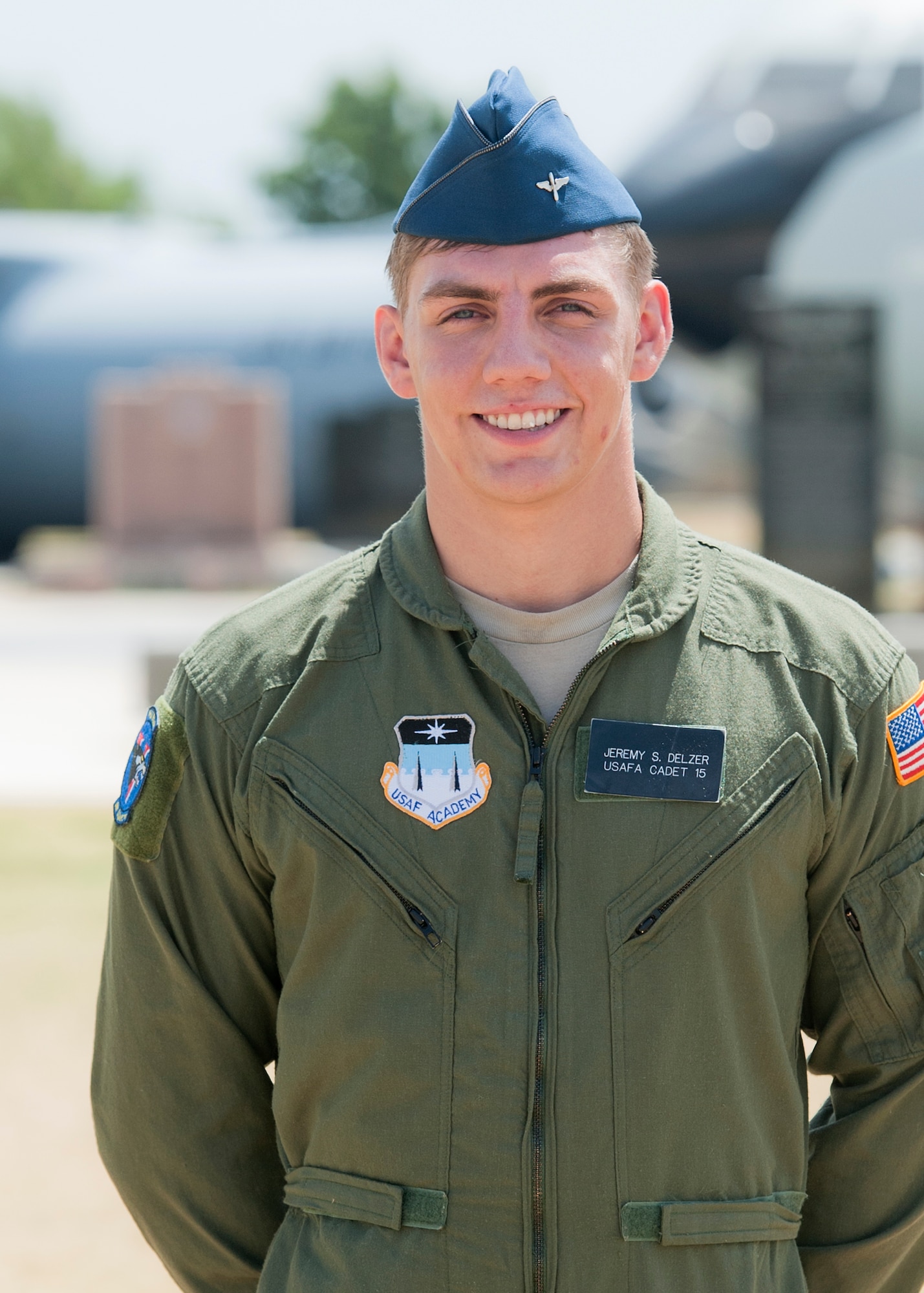 ALTUS AIR FORCE BASE, Okla. – Cadet 2nd Class Jeremy Delzer poses for a photo at Wings of Freedom Park July 10, 2012. Delzer is an officer-candidate at the U.S. Air Force Academy who has returned to Altus as a part of the Academy’s Operation Air Force program to learn more about the base’s mission and active duty life. (U.S. Air Force photo by Airman 1st Class Levin Boland / Released) 