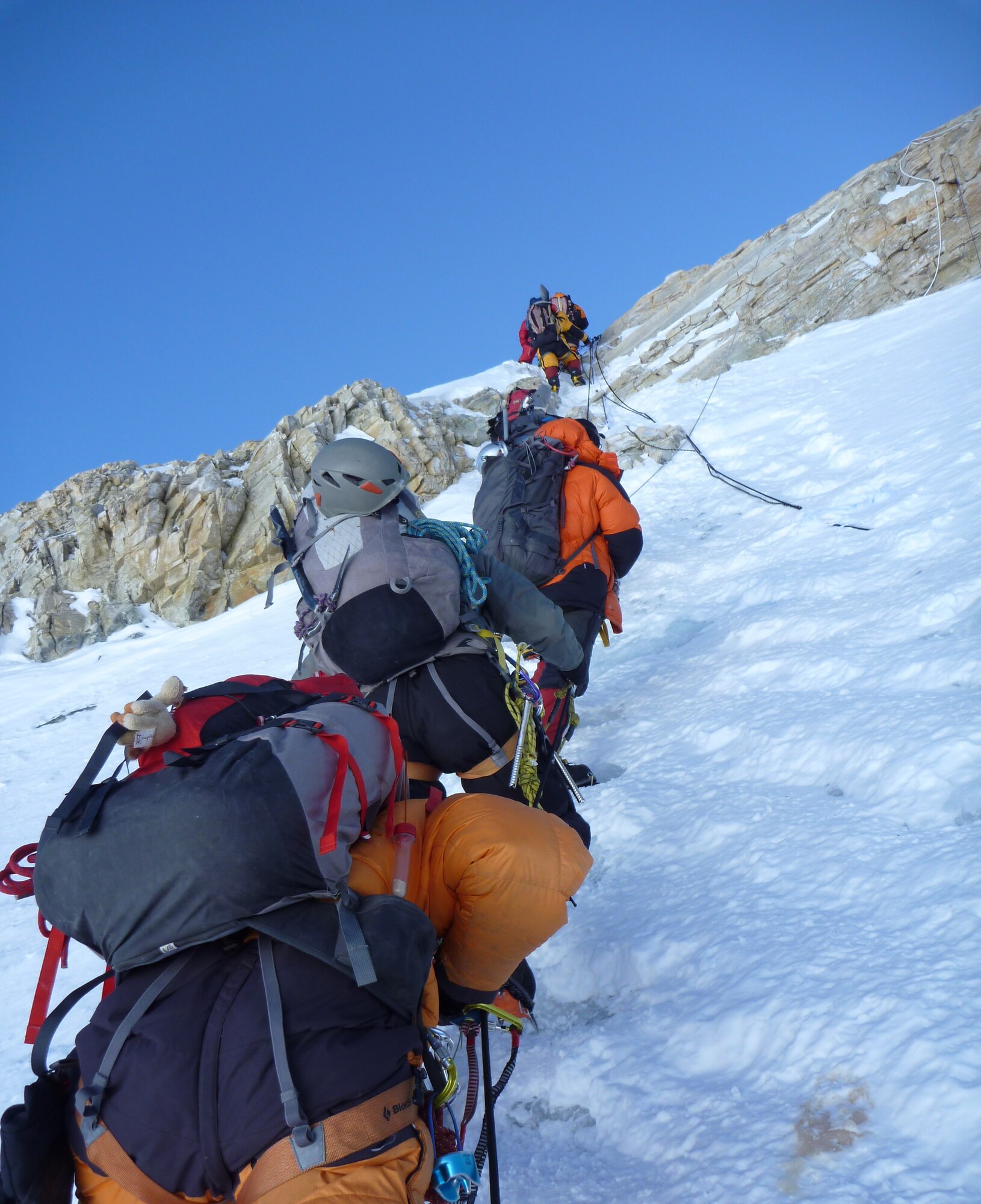 Climbers on Mount Everest mitigate the risks as they climb during the Seven Summits May 2013 challenge using guide lines and ropes.  (Courtesy Photo)