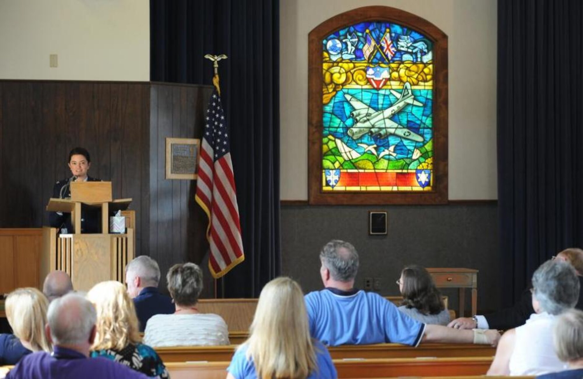Col. Kathryn Kolbe, 75th Air Base Wing commander, speaks at the Let Freedom Ring National Bell Ringing Ceremony held at the Mazer Memorial Chapel at the Hill Aerospace Museum July 4. At 2 p.m. Eastern Daylight Time bells were rung simultaneously across the United States. (U.S Air Force photo byAlex R. Lloyd/Released)
