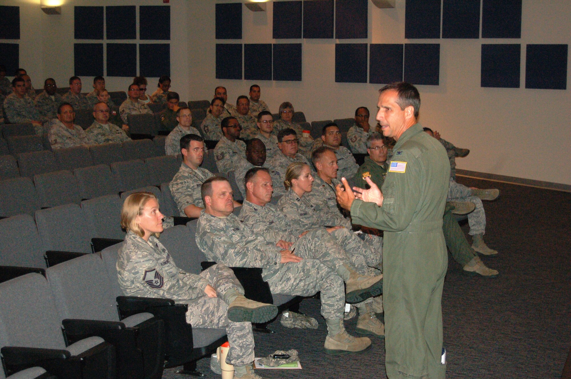 Col. Jeffrey Pennington, commander of the 433rd Airlift Wing, talks with 433rd personnel at the Sexual Assault and Harassment Prevention stand-down day, held July 10 in two sessions at the Inter-American Air Forces Academy auditorium, located at Joint Base San Antonio-Lackland.

Pennington stressed the importance of recognizing, addressing and preventing sexual assault and harassment at the "Alamo Wing" workplace and within the Air Force community.