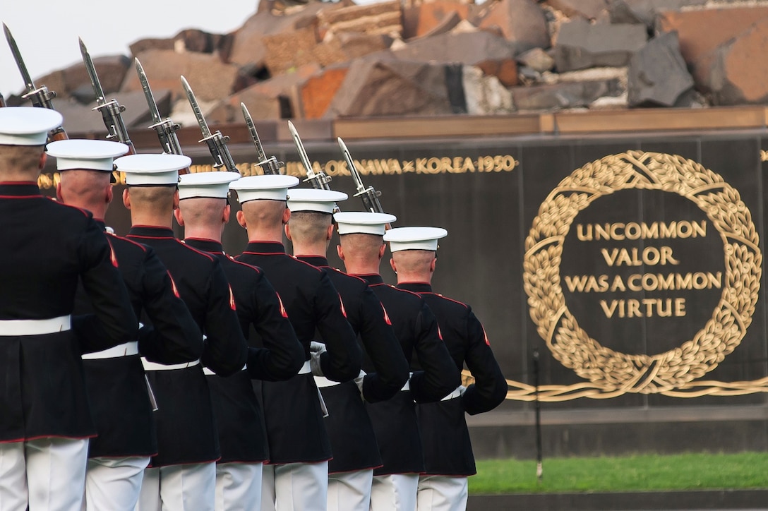 Marine Corps Silent Drill Platoon members perform during a Tuesday Sunset Parade at the Marine Corps War Memorial in Arlington, Va., July 9.