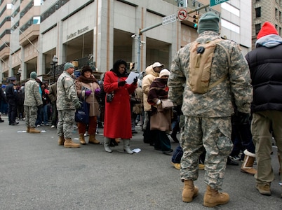 Soldiers of the Maryland National Guard and the Baltimore City Police Department provided force protection during President Elect Obama's visit to Baltimore Saturday, January 17, 2009. Crowds swarmed by the 1,000s to see Obama meet and great the city during the "Whistlestop Tour," echoes the 1861 journey of Abraham Lincoln.