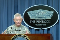 Lt. Gen. Clyde Vaughn, director of the Army National Guard, addresses members of the media during a press conference on the mission of the Guard's Agricultural Development Teams at The Pentagon, Thursday, Jan. 22, 2009. The ADTs are made up of Guard SOldiers and Airmen that have a civilian background in farming or agriculture-related businesses and have been working with local Afghani officials to rebuild Afghanistan's agricultural infrastructure and promote sustainable farming techniques. The press conference included Vaughn, Secretary of the Army Pete Geren and via satellite from Afghanistan Col. Stan Poe, commander of the ADT in East Ghazni Province, and Sultan Hussein Abasyar, Ghazni Province director of agriculture, irrigation and livestock.