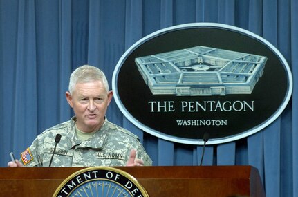 Lt. Gen. Clyde Vaughn, director of the Army National Guard, addresses members of the media during a press conference on the mission of the Guard's Agricultural Development Teams at The Pentagon, Thursday, Jan. 22, 2009. The ADTs are made up of Guard SOldiers and Airmen that have a civilian background in farming or agriculture-related businesses and have been working with local Afghani officials to rebuild Afghanistan's agricultural infrastructure and promote sustainable farming techniques. The press conference included Vaughn, Secretary of the Army Pete Geren and via satellite from Afghanistan Col. Stan Poe, commander of the ADT in East Ghazni Province, and Sultan Hussein Abasyar, Ghazni Province director of agriculture, irrigation and livestock.