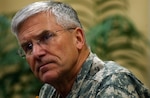 Gen. George Casey Jr., Army chief of staff, responds to questions from the media during a press conference at the Army National Guard Professional Education Center at Camp Joseph T. Robinson, Ark., Sunday, Jan. 25, 2009. Casey was a featured speaker at the annual Army National Guard Senior Commanders Conference and spoke to the media on the state of the National Guard as well as challenges facing the Army as a whole in the future.