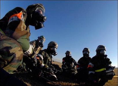 Airmen from the 125th Fighter Wing respond to a simulated blister agent attack during an Operational Readiness Exercise at the unit's base in Jacksonville, Fla., Jan. 23.