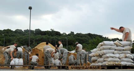 U.S. Air Force Airmen from Public Works fill sand bags at Joint Base Anacostia-Bolling, D.C., Aug 25 in preperation for Hurricane Irene. Hurricane Irene is expected to hit the U.S. east coast over the weekend and may bring heavy winds and flooding. (U.S. Air Force photo by Staff Sgt. Brittany E. Jones