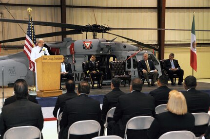 Mexican Navy Admiral Jorge Carlos Morales, Director of Naval Aviation, Mexico, provides his remarks during a ceremony marking the turnover of three UH-60 Helicopters to the Mexican Navy. The US Government provided thee UH-60 helicopters to the Mexican Navy as part of the Merida Initiative. The ceremony was held on August 24, 2011 at Joint Base McGuire-Dix-Lakehurst, NJ. 

