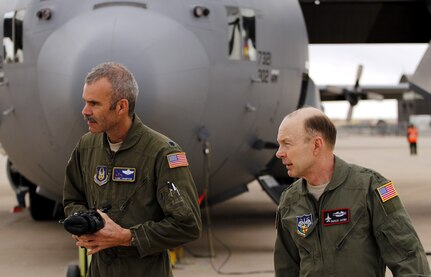 U.S. Army Gen. Charles H. Jacoby, Jr., commander, North American Aerospace Defense Command and United States Northern Command, right, and Lt. Col. Luke Thompson, 302nd Airlift Wing's chief of aerial fire fighting return from observing a C-130 Modular Airborne Fire Fighting System certification flight April 22 here. The Air Force Reserve Command’s 302nd AW held its annual MAFFS certification and re-certification for C-130 aircrews April 19-23. When it is determined MAFFS is needed, the National Interagency Fire Center through U.S. Northern Command requests the DOD's U.S. Air Force resources. These trained military personnel along with the MAFFS equipment are activated to supplement the civilian air tanker program during periods of high wildfire activity throughout the nation. In 2012 the 302nd AW MAFFS-equipped C-130s, aircrew and personnel supported fire suppression operations in 10 states, including drops on the Waldo Canyon fire near Colorado Springs. 2013 marks the 20th year the MAFFS mission has been flown by the Airmen and C-130s of the 302nd AW. 

