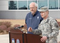 Army Gen. Charles Jacoby, NORAD and USNORTHCOM commander, and FEMA Administrator Craig Fugate, speak at a press conference at NORAD and USNORTHCOM headquarters Jan. 23. Fugate met with Jacoby to discuss cooperation between FEMA and USNORTHCOM during future complex catastrophes such as Hurricane Sandy as well as the roles of dual status commanders. 

