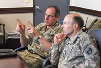 Gen. Sir Nicholas Parker, Former Commander, Land Forces, British Army, and Army Gen. Charles H. Jacoby, commander of NORAD and U.S. Northern Command, attend a roundtable discussion at NORAD and USNORTHCOM headquarters Jan. 16. The discussion included a “lessons learned” from the UK military’s contribution to the 2012 London Olympics as well as the U.S., Canada and the UK’s overlapping security interests. The visit provided a way to enhance NORAD and USNORTHCOM’s relationship with UK Ministry of Defence. 

