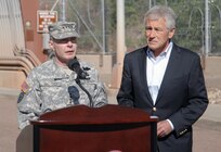 Army Gen. Charles H. Jacoby, Jr., NORAD and USNORTHCOM commander, introduces Secretary of Defense Chuck Hagel at a media event at Cheyenne Mountain AFS, June 28. Hagel spoke to local and national media about his visit to Colorado Springs, efforts to address suicides in the service, sequester and sexual assault prevention. It was Hagel's first trip to Colorado Springs since he was appointed Secretary of Defense in February. 

