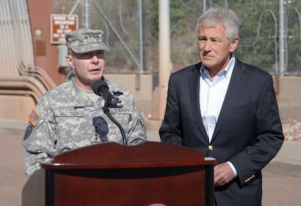 Army Gen. Charles H. Jacoby, Jr., NORAD and USNORTHCOM commander, introduces Secretary of Defense Chuck Hagel at a media event at Cheyenne Mountain AFS, June 28. Hagel spoke to local and national media about his visit to Colorado Springs, efforts to address suicides in the service, sequester and sexual assault prevention. It was Hagel's first trip to Colorado Springs since he was appointed Secretary of Defense in February. 

