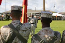 Marines with 8th Engineer Support Battalion, 2nd Marine Logistics Group salute the colors during a relief and appointment ceremony held aboard Camp Lejeune, N.C., July 11, 2013. The ceremony was held for Sgt. Maj. Russell A. Strack, the incoming sergeant major of the battalion, and 1st Sgt. Monroe C. Boykin, the outgoing sergeant major. 