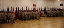 Marines with Combat Logistics Battalion 24, Combat Logistics Regiment 27, 2nd Marine Logistics Group stand in a formation to honor Lt. Cols. Daniel J. Bradley and Matthew A. Dumenigo, the outgoing and oncoming commanders respectively, during a change of command ceremony aboard Camp Lejeune, N.C., July 12, 2013. Bradley relinquished command to Dumenigo after being in command for two years. (U.S. Marine Corps photo by Lance Cpl. Shawn Valosin)