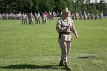 Sgt. Maj. Russell A. Strack, the incoming sergeant major of 8th Engineer Support Battalion, 2nd Marine Logistics Group speaks to guests and fellow Marines during a relief and appointment ceremony held aboard Camp Lejeune, N.C., July 11, 2013. Eigth ESB is Strack’s first Marine logistics group unit in his 28 years of service.