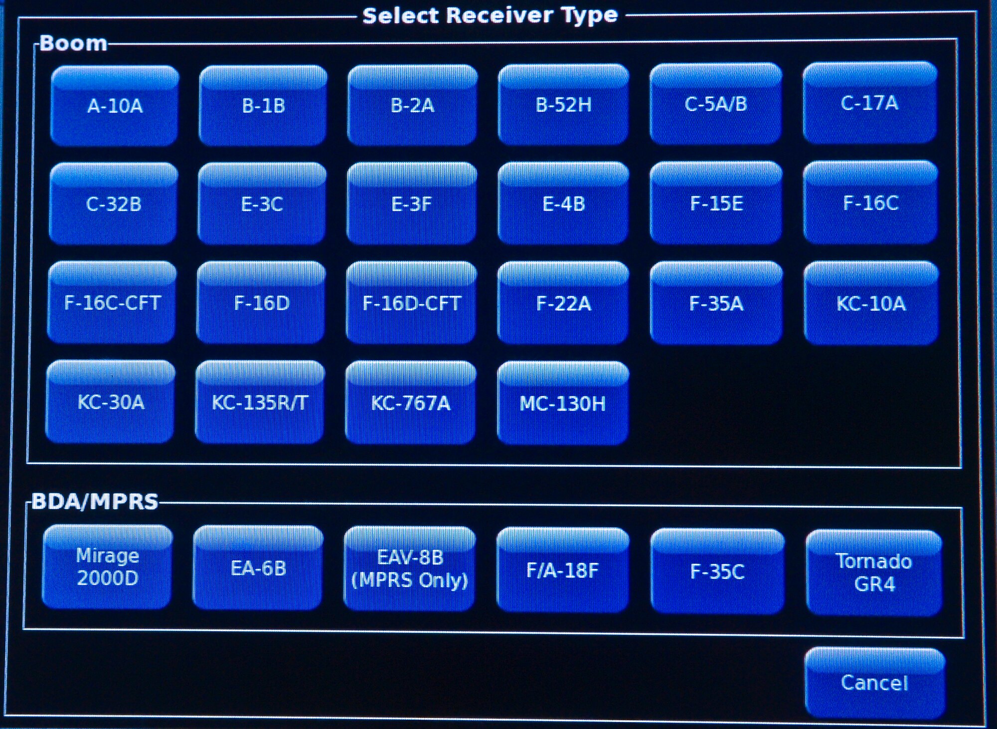 Depicted are the refuelable aircraft options that a KC-135 Stratotanker Boom Operator Weapon System Trainer has available for instructors to select from. The BOWST has the ability to display any airplane refuelable aircraft in the Air Force inventory. (U.S. Air Force Photo by Staff Sgt. Brandon Shapiro/Released) 
