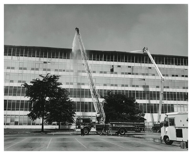 A devastating July 12, 1973, fire at the National Personnel Records Center in suburban St. Louis, shown in this file photo, destroyed some 16 million to 18 million military personnel records. Today, a special team at the center continues working to piece together the remnants, sometimes literally, to ensure veterans and their descendants have the documentation they need to qualify for service-related benefits. (Courtesy photo/National Archives and Records Administration) 