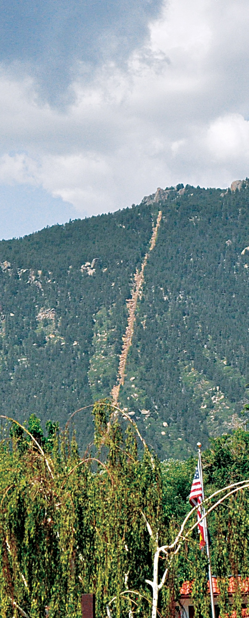 The nine-mile-long cog railway that runs from Manitou Springs, Colo., up Pike’s Peak has a maximum grade of 25 percent, reaching at its peak 14,109 feet above sea level. A “cog railway” is designed to allow trains to climb steeper angles than standard railroads. Tours up the railway are available for a small fee. (U.S. Air Force photo by Airman 1st Class Brandon Valle)