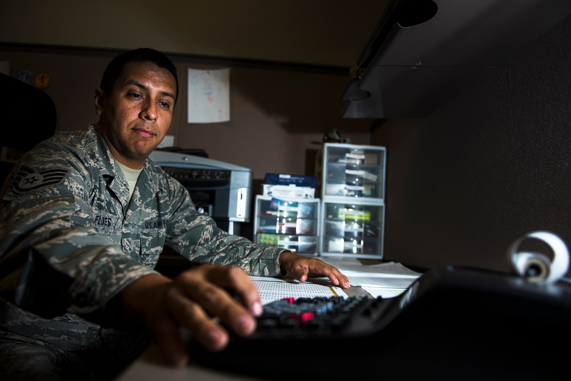 Staff Sgt. Jose Flores, a 314th Operations Group resource advisor, balances the fourth quarter budget targets July 3, 2013, at Little Rock Air Force Base, Ark. Flores is responsible for managing the $2.8M annual budget of four squadrons and over 300 personnel. (U.S. Air Force photo by Staff Sgt. Russ Scalf)