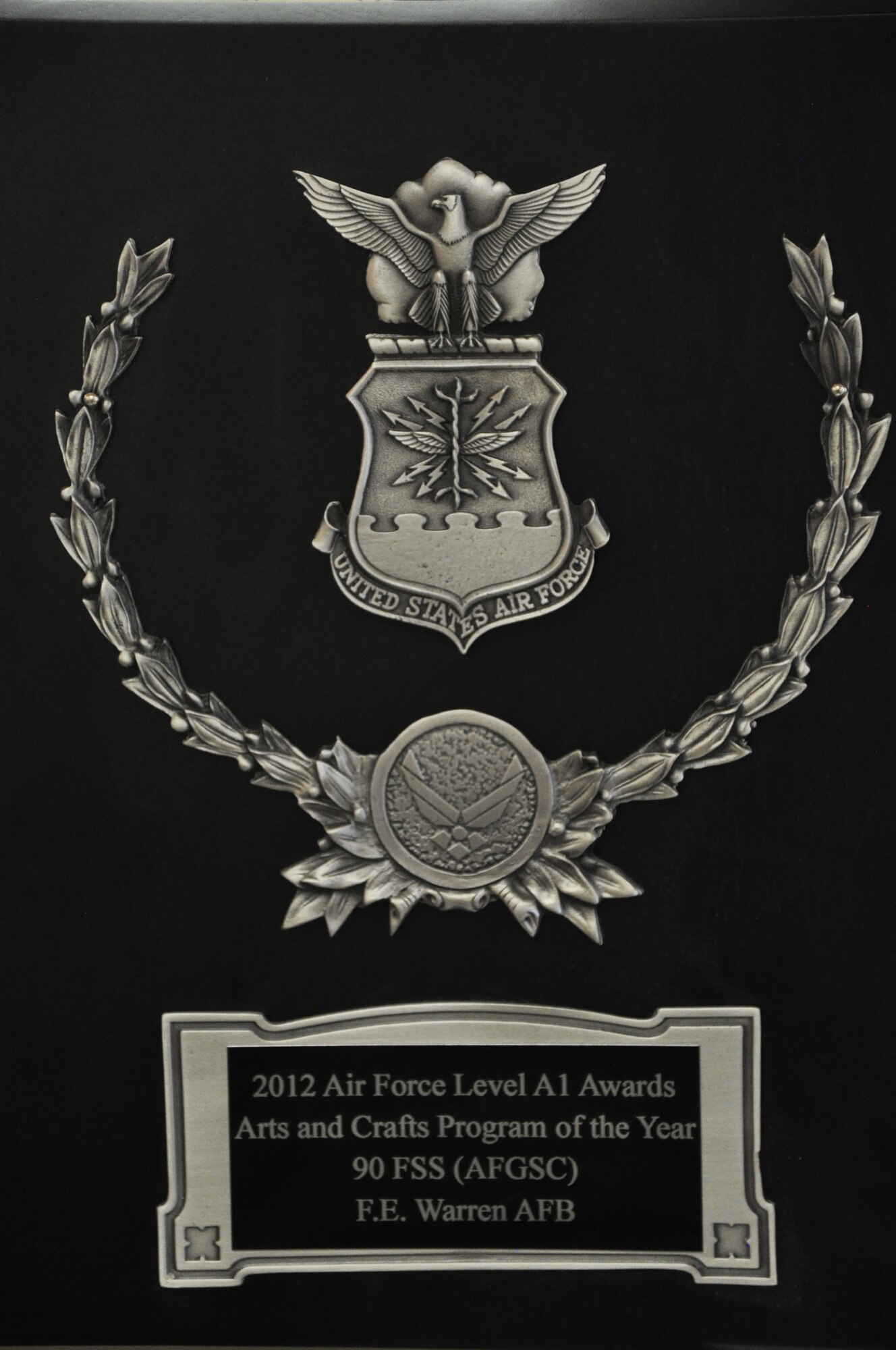 The 2012 Air Force A1 award for best Arts and Crafts program of the Year presented to the Arts & Crafts Center on F. E. Warren Air Force Base. (U.S. Air Force by Airman 1st Class Brandon Valle)