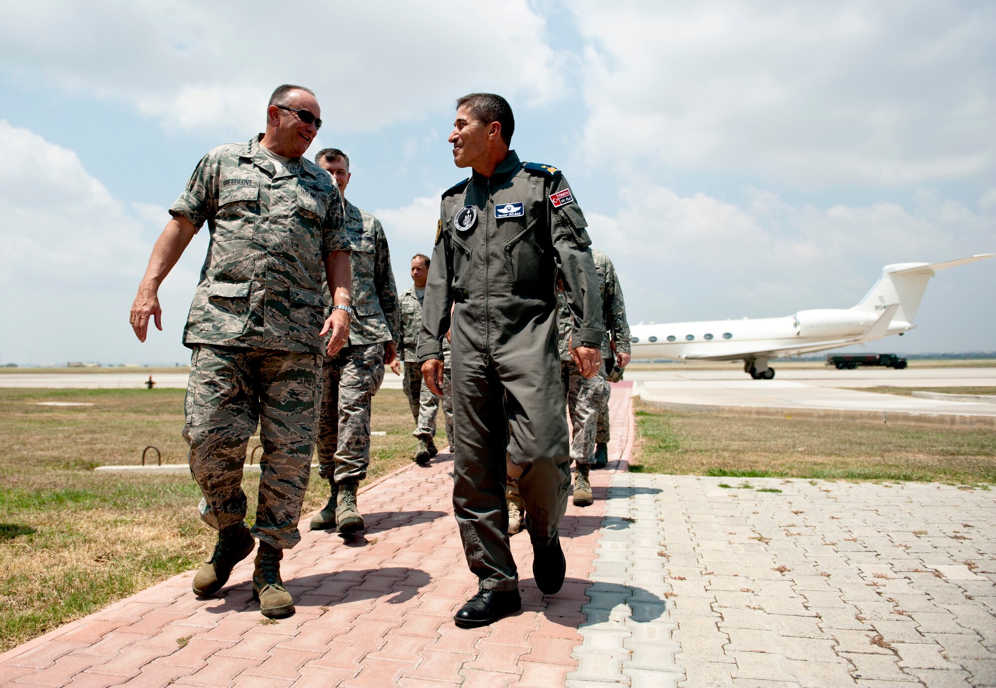 U.S. Air Force Gen. Philip Breedlove, NATO Supreme Allied Commander Europe, walks with Turkish air force Brig. Gen. Serdar Gulbas, 10th Tanker Base commander, after arriving at Incirlik Air Base, Turkey, July 11, 2013. Breedlove met with U.S. forces and NATO allies during his immersion tour at Incirlik AB and visited the Dutch Patriot batteries. (U.S. Air Force photo by Senior Airman Daniel Phelps/Released))