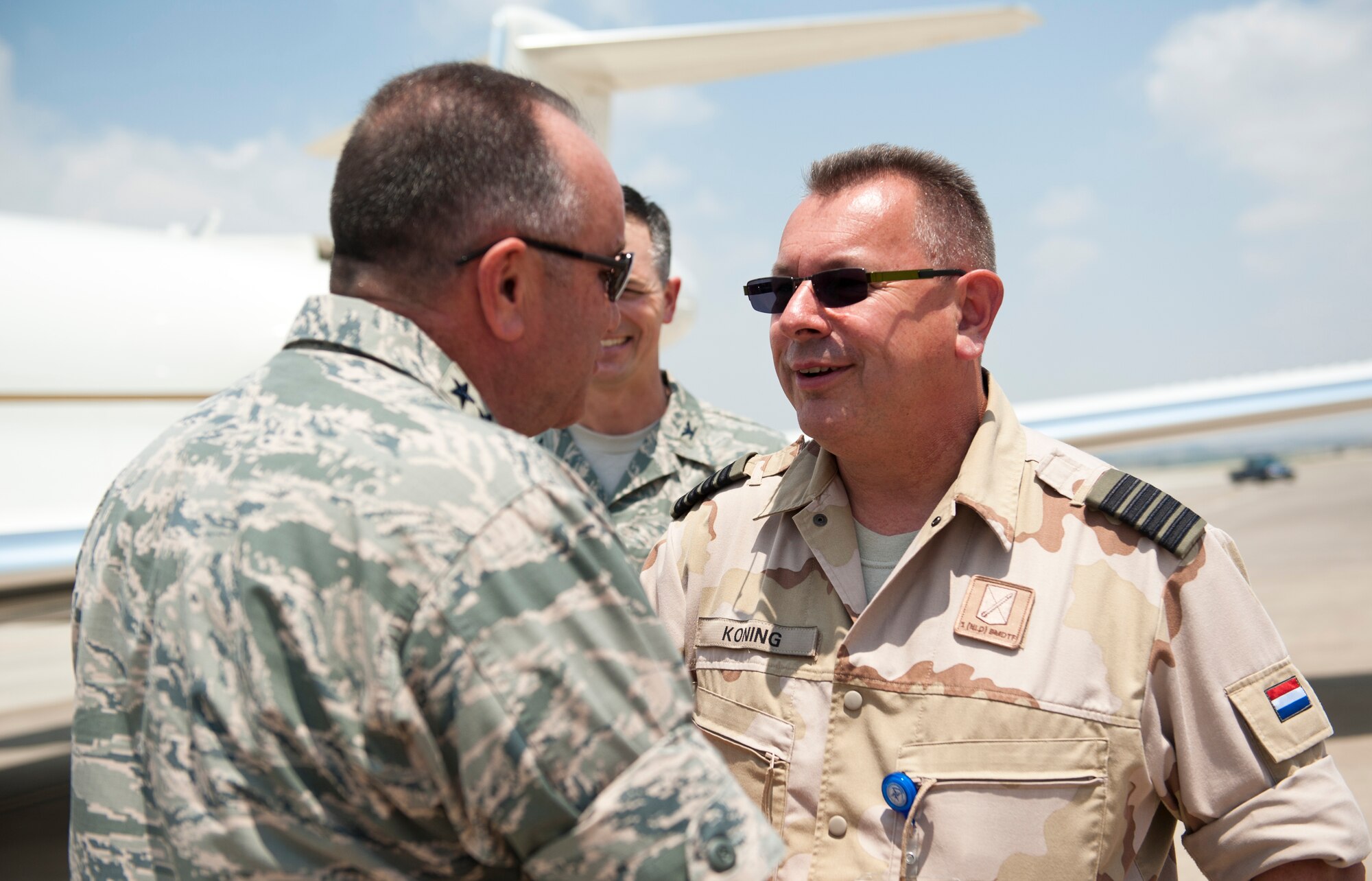 U.S. Air Force Gen. Philip Breedlove, NATO Supreme Allied Commander Europe, greets Dutch army Col. Peter Koning, 1st Netherlands Ballistic Missile Defense Task Force commander, July 11, 2013, at Incirlik Air Base, Turkey. Breedlove visited Incirlik AB as part of his immersion tour to meet U.S. forces and NATO allies. (U. S. Air Force photo by Senior Airman Daniel Phelps/Released)