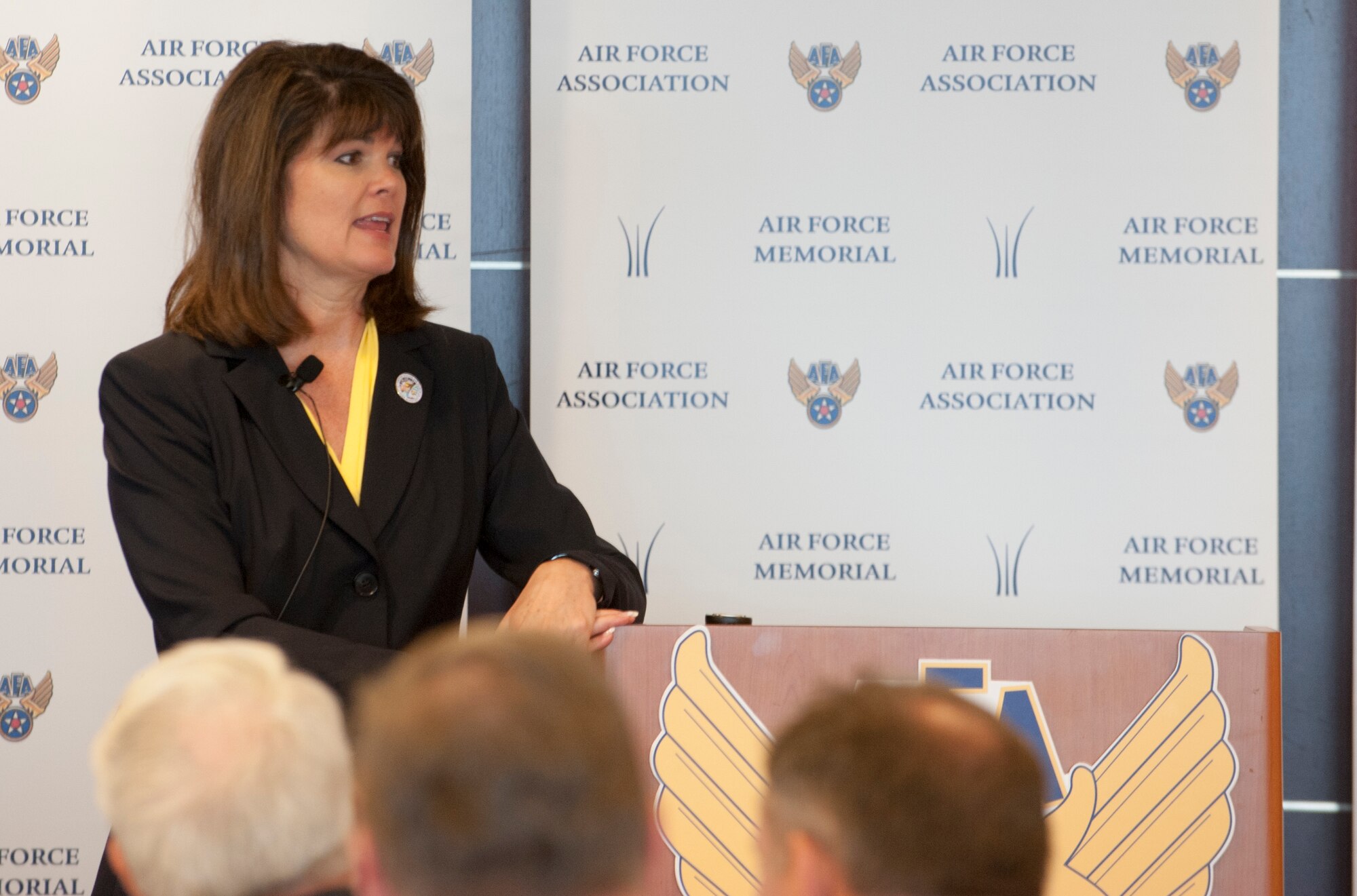 Dr. Mica Endsley speaks with members of the Air Force Association July 11, 2013 in Arlington, Va. Endsley explained her goals and ambitions for science and technology in the Air Force, along with how the service will progress to the future development of systems to support the warfighting Airmen. Endsley is the  Cheif Scientist of the Air Force. (U.S. Air Force Photo/Senior Airman Carlin Leslie)